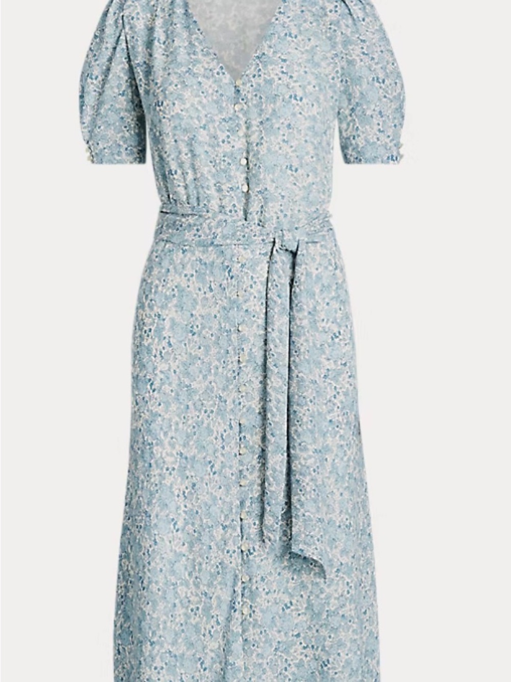Ralph Lauren Light Blue Floral Button-Front Midi Dress with Self Tie